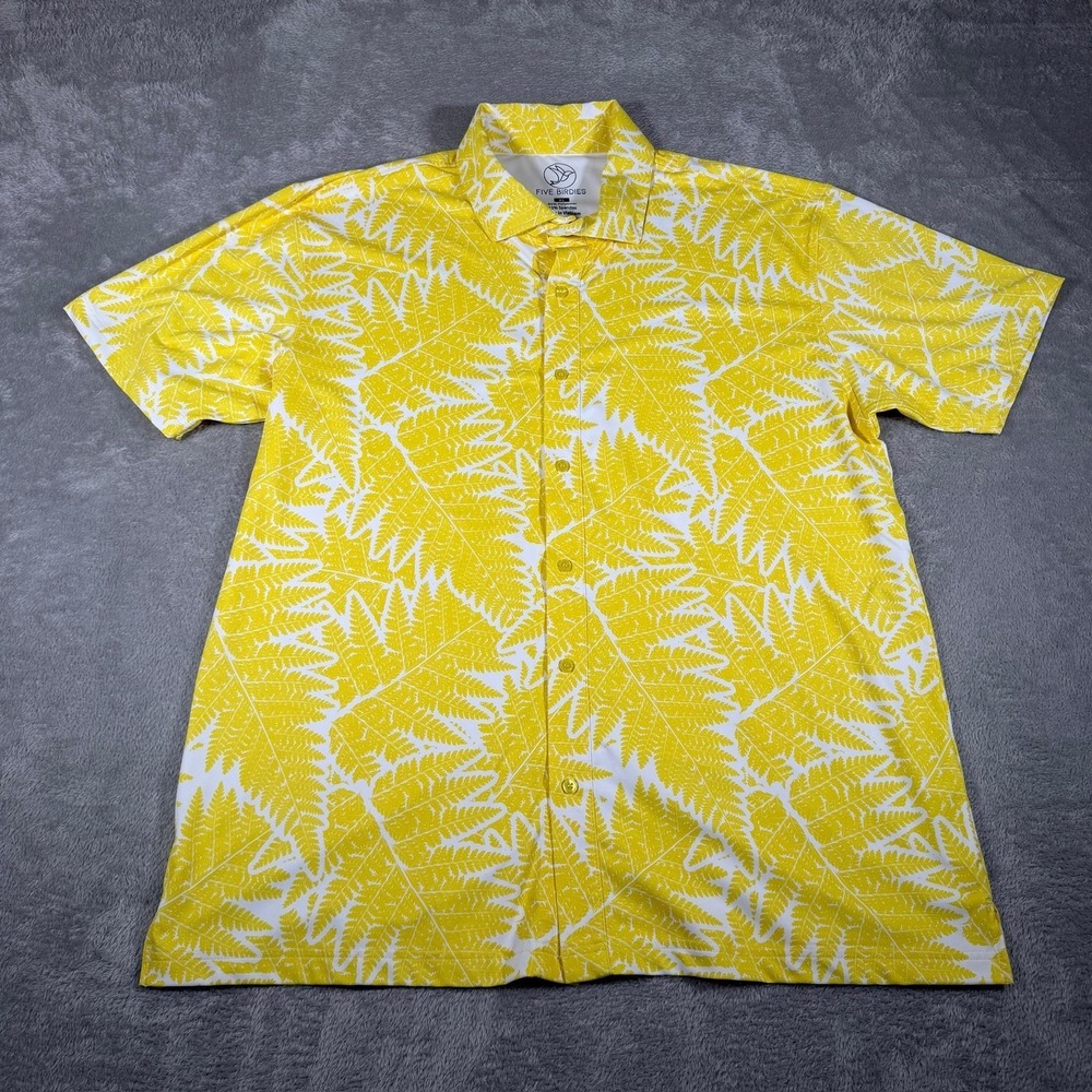 Five Birdies Golf Shirt Mens XL Yellow Fern Print Hawaiian Stretch Button Up